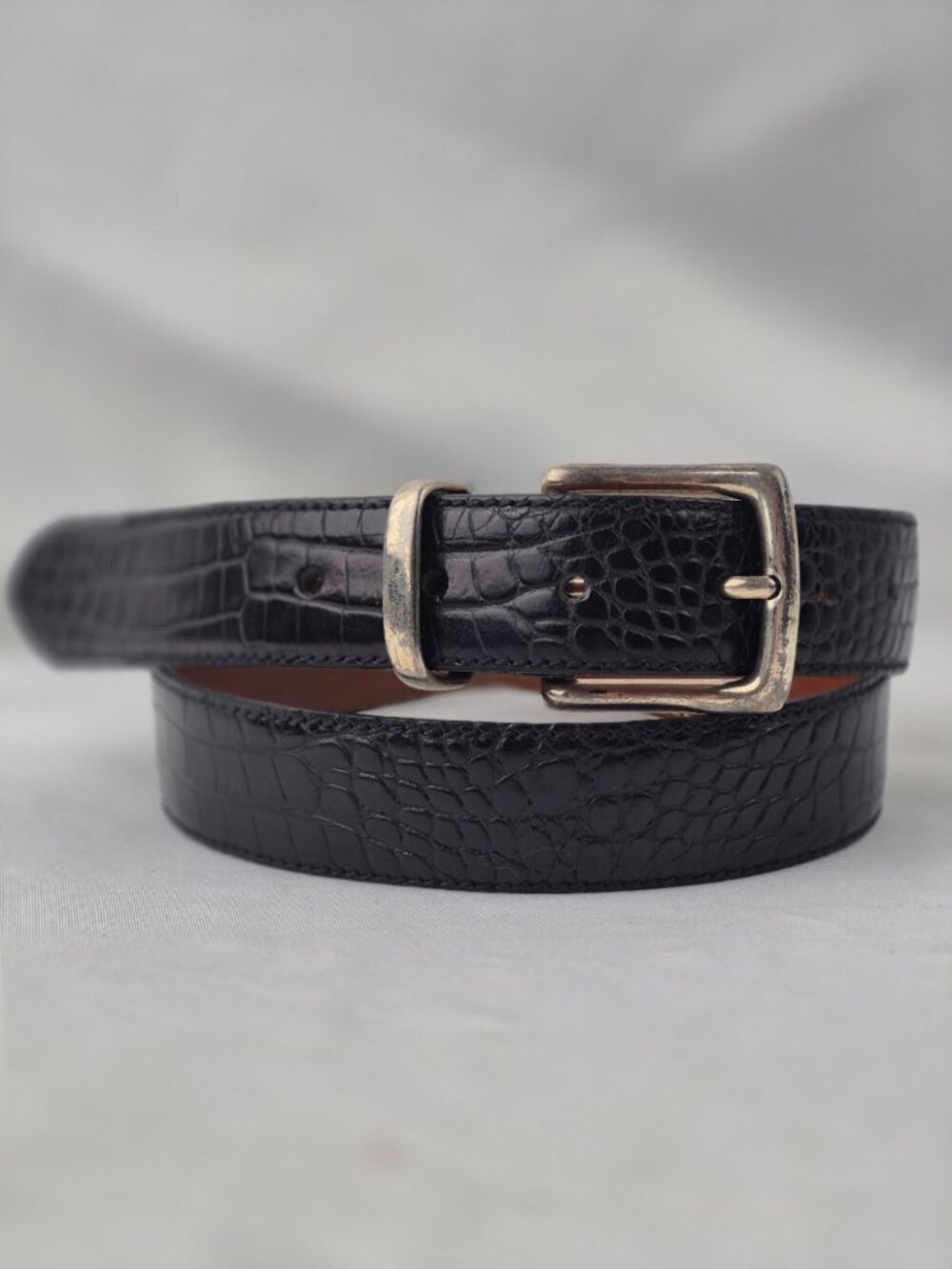 Ashworth Moc Croc Embossed Black Leather Belt Silver Tone Brass Buckle Size 32